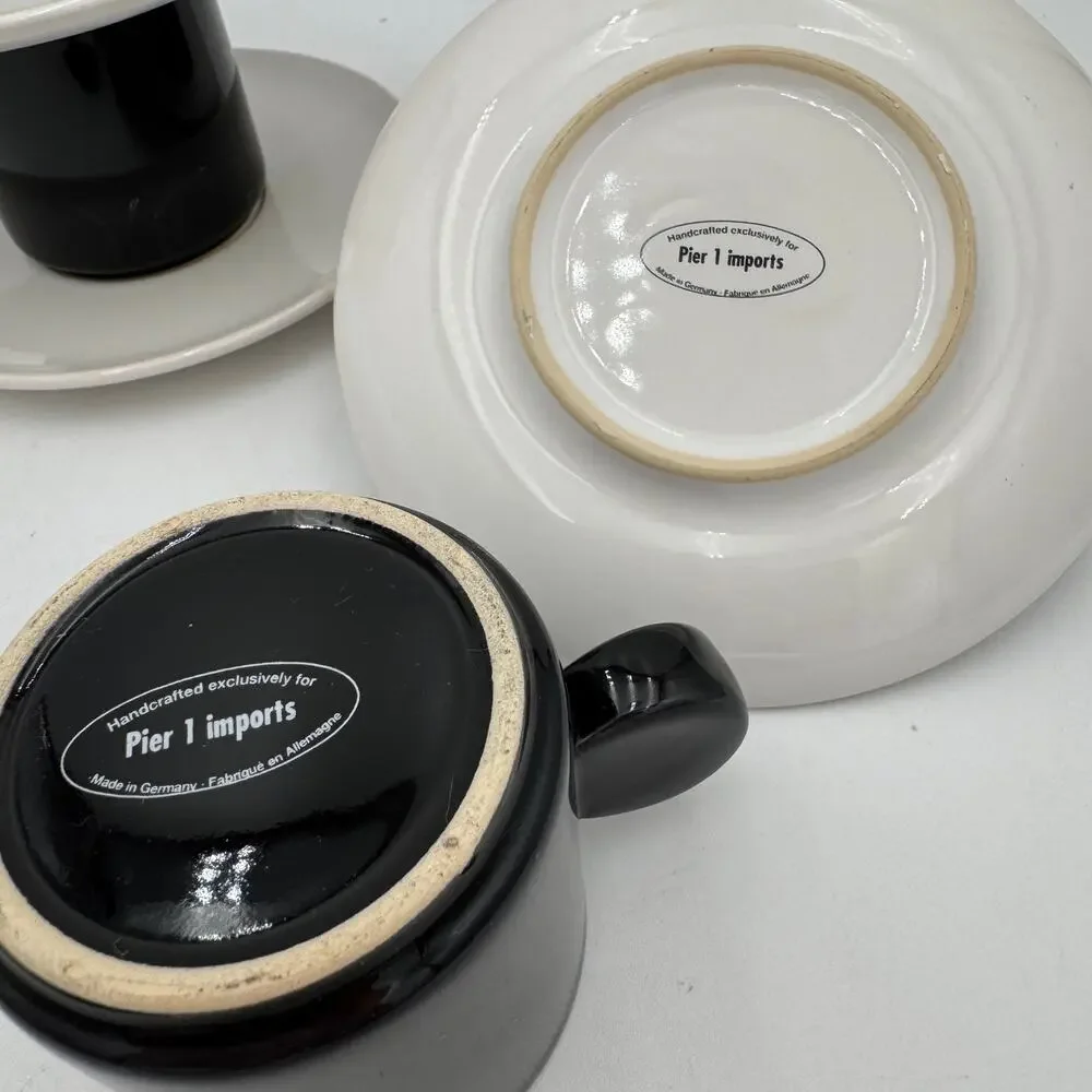 Vintage Coffee Espresso Cups & Saucers Set of 4 Pier One Imports Black White